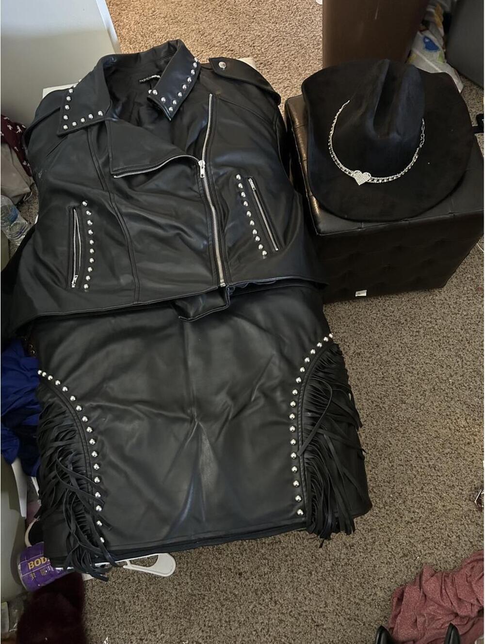 Fashion Nova 3 pcs black leather rhinestone cowgirl set size 2X